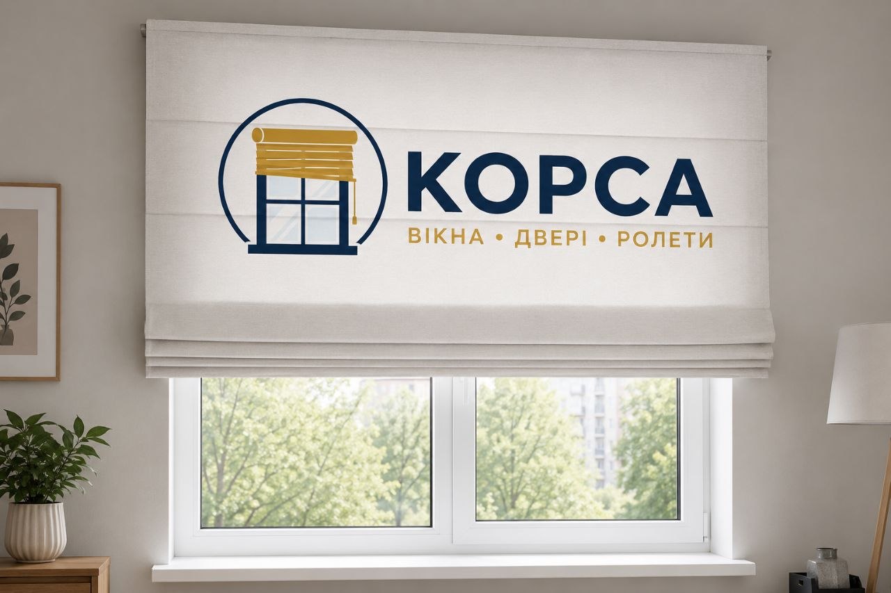 Логотип КОРСА на римській шторі